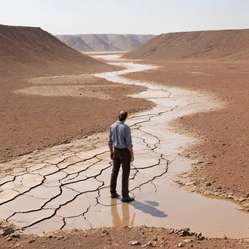 Prompt: A man standing in a dry river, surrounded by dried out landscape thinking about what went wrong 