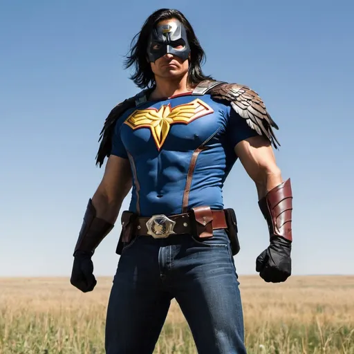 Prompt: A superhero comes to help people on the Great Plains.

His name is gun-eagle.