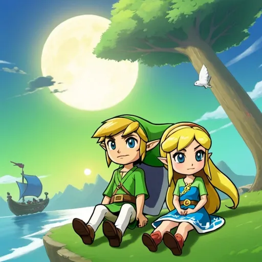 Prompt: Create a comforting scene where Link and Zelda from the game Wind Waker enjoy a moment of tranquility together during the night in Hyrule. They are seated in a picturesque setting, perhaps by a lakeside or beneath the centuries-old trees of a peaceful forest. Soft moonlight bathes the scene as they listen to soothing music playing in the background, adding a serene atmosphere. Seize this moment to capture the connection and shared calm between the two characters as they relish a well-deserved rest together.