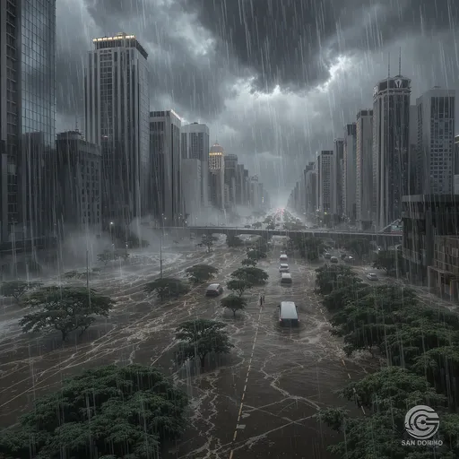 Prompt: A futuristic view of Santo Domingo experiencing extreme urban flooding in 2027, heavy rainfall, waterlogged streets, cars partially submerged, modern city buildings, stormy skies, realistic style, high detail, dramatic lighting