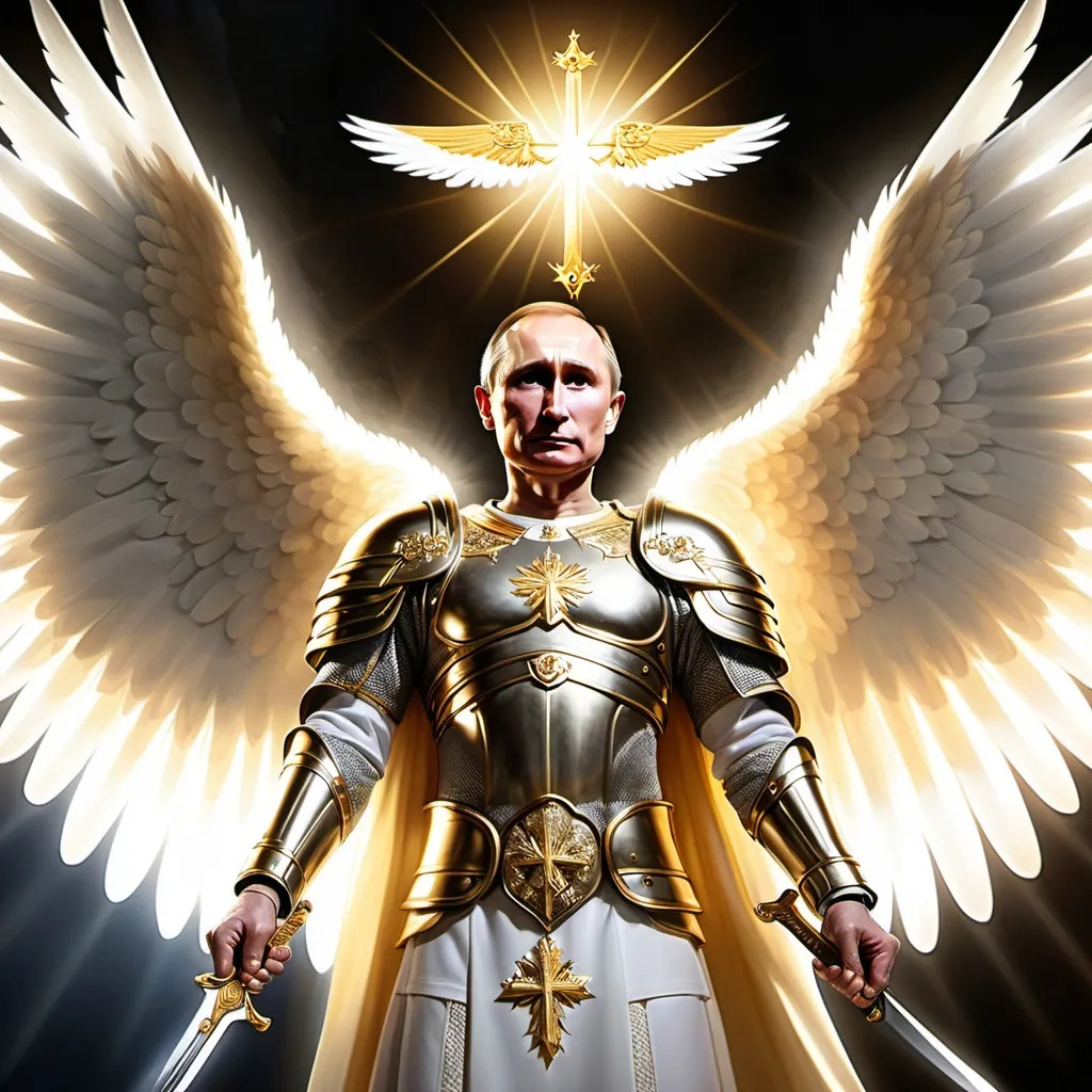 Prompt: russia president vladimir putin
appearing as a holy angel of god, holding sword, wearing holy armor, has beautiful angel wings, rays of light shining from behind him,
putin is holding deafeated body of ukraine president volodymyr zelenskyy in his right hand