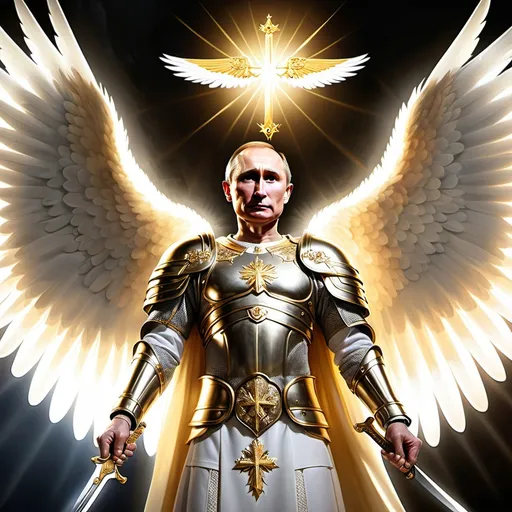 Prompt: russia president vladimir putin
appearing as a holy angel of god, holding sword, wearing holy armor, has beautiful angel wings, rays of light shining from behind him,
putin is holding deafeated body of ukraine president volodymyr zelenskyy in his right hand