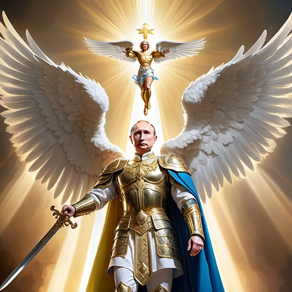 Prompt: russia president vladimir putin
appearing as a holy angel of god, holding sword, wearing holy armor, has beautiful angel wings, rays of light shining from behind him,
putin is holding deafeated man, the man is president of ukraine ukraine, volodymyr zelenskyy in his right hand