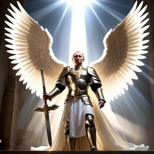 Prompt: russia president vladimir putin
appearing as a holy angel of god, holding sword, wearing holy armor, has beautiful angel wings, rays of light shining from behind him