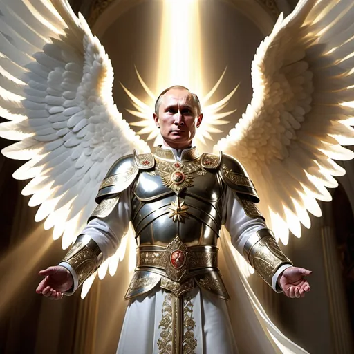 Prompt: russia president vladimir putin
appearing as a holy angel of god, holding sword, wearing holy armor, has beautiful angel wings, rays of light shining from behind him