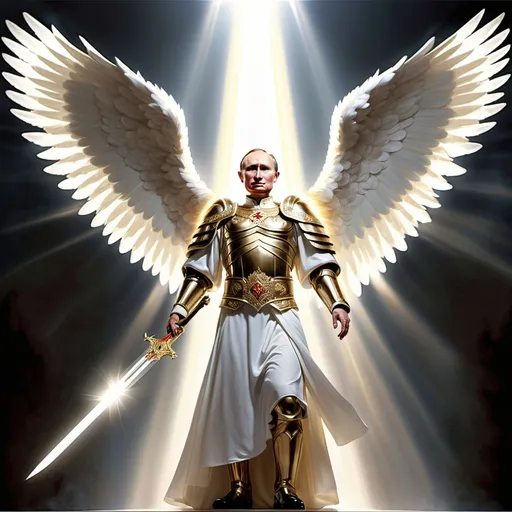 Prompt: russia president vladimir putin
appearing as a holy angel of god, holding sword, wearing holy armor, has beautiful angel wings, rays of light shining from behind him