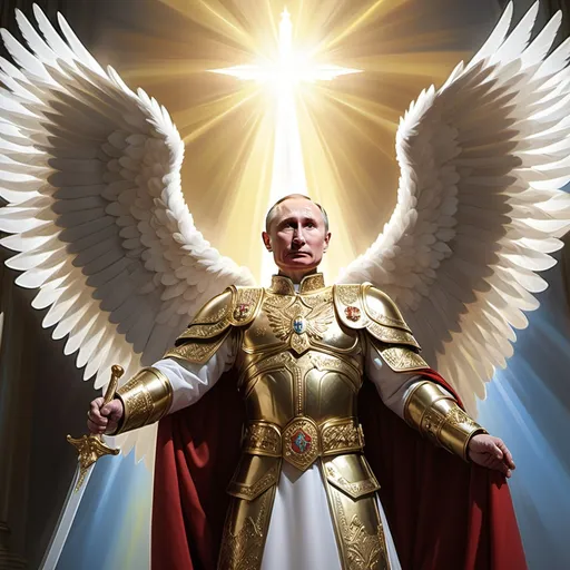 Prompt: russia president vladimir putin
appearing as a holy angel of god, holding sword, wearing holy armor, has beautiful angel wings, rays of light shining from behind him,
putin is holding deafeated body of ukraine president volodymyr zelenskyy in his right hand