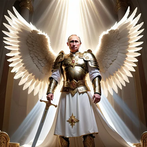 Prompt: russia president vladimir putin
appearing as a holy angel of god, holding sword, wearing holy armor, has beautiful angel wings, rays of light shining from behind him