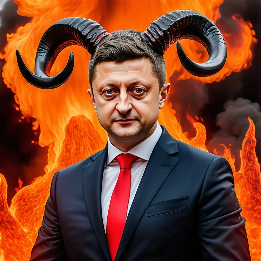 Prompt: Volodymyr Zelenskyy, president of ukraine, looking like satan, red face, and body, black horns of a bull on his head, skin red colored, legs have hooves, in hell flames and fire behind him