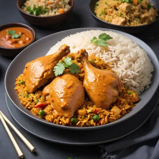 Prompt: A chicken butter masala dish with fried rice