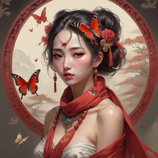Prompt: a woman with a butterfly headpiece and a red scarf around her neck, Fan Qi, fantasy art, anime art, a detailed painting. Orientalism, an emotion of desire, seems like she was drunk severe 