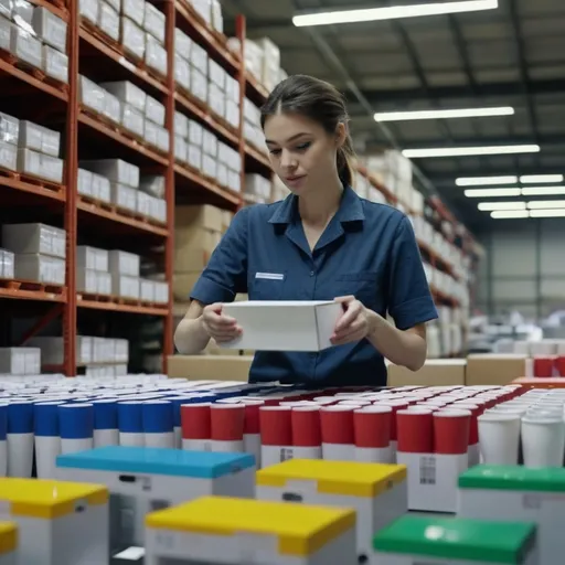 Prompt: Female worker packing printed mugs in boxes in a printing industry, bustling industrial environment, bright and lively color palette, servant of orderliness and efficiency, high attention to detail, stacks of colorful printed materials in the background, modern machinery, vibrant lighting, focused and determined expression, shelves stocked with paper and supplies, high-quality and ultra-detailed, 4K resolution, professional atmosphere, concrete floor, metallic shelves, vivid activity all around, warehouse ambiance.