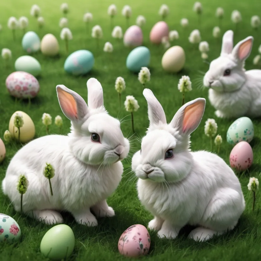 Prompt: Photo realistic small fluffy bunnies in a green field. Behind them you can see spring blooming trees and catkins. In random places you can see easter eggs with pattern made of cameras done in a nicely coloured patterns. The easter eggs need to be smaller than bunnies.