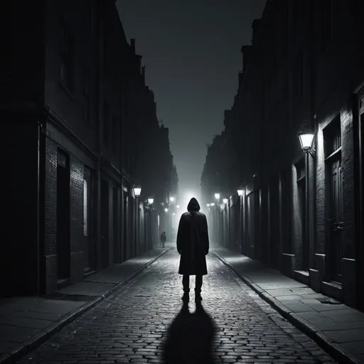 Prompt: create a  dark street  in the street one persone is standing and locking the street and no one is there