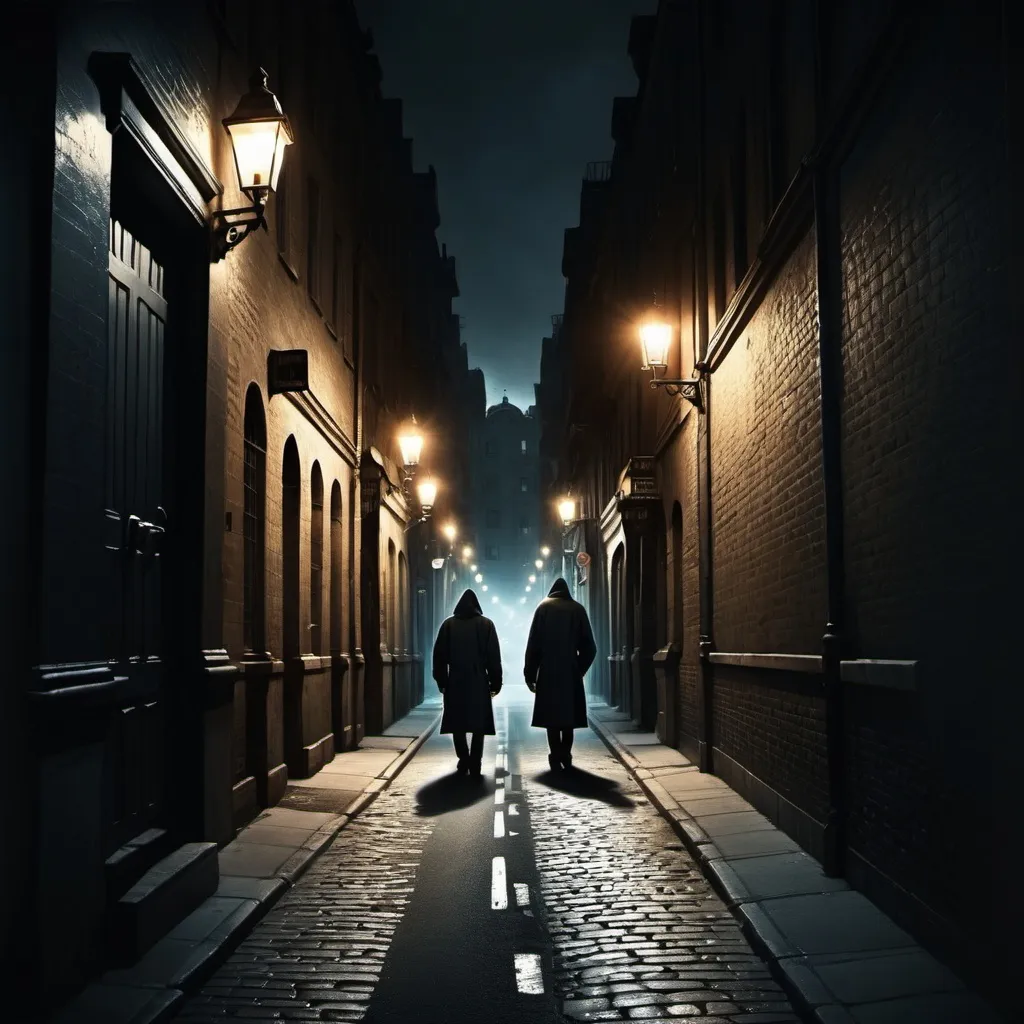 Prompt: create a  dark street  in the street one persone is standing and locking the street and no one is there