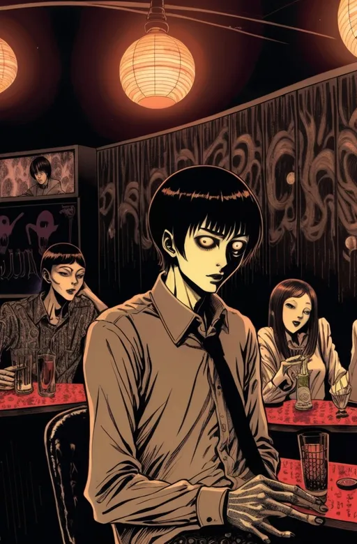 Prompt: Junji Ito manga style, man in nightclub, manga scene