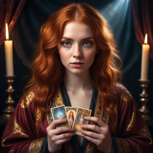 Prompt: tarot card ultra realistic portrait, a crimson-haired young beautiful woman, detailed ornate cloth robe, dramatic lighting. Big, glowing, and attractive eyes. Prefect hands.