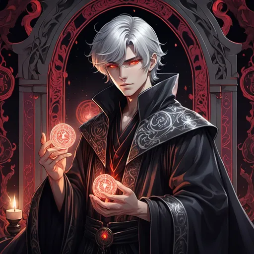 Prompt: tarot card Anime illustration, a silver-haired young male wizard, detailed ornate cloth black robe, dramatic lighting, handsome but dreary. Crimson glowing eyes.