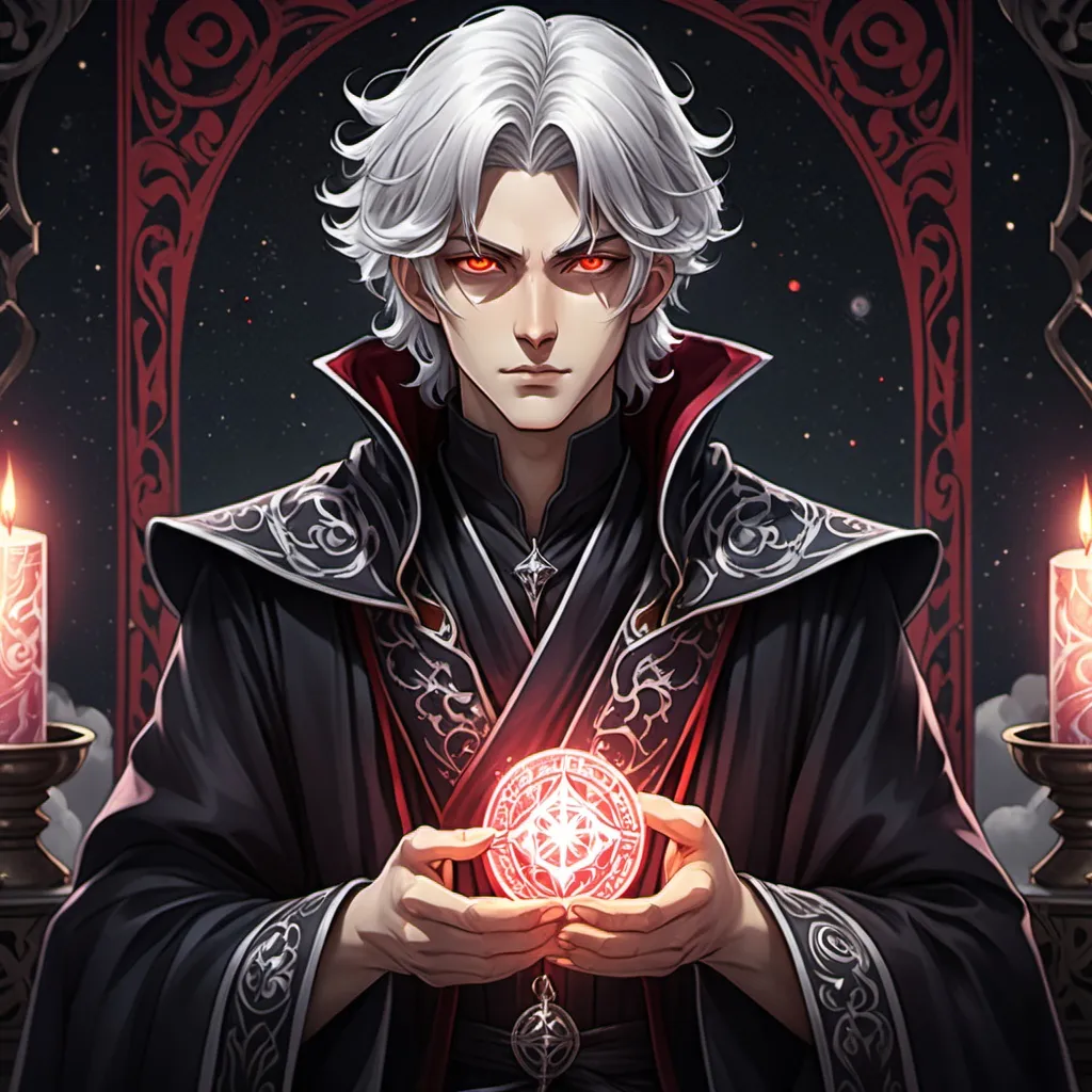 Prompt: tarot card Anime illustration, a silver-haired young male wizard, detailed ornate cloth black robe, dramatic lighting, handsome but dreary. Crimson glowing eyes.