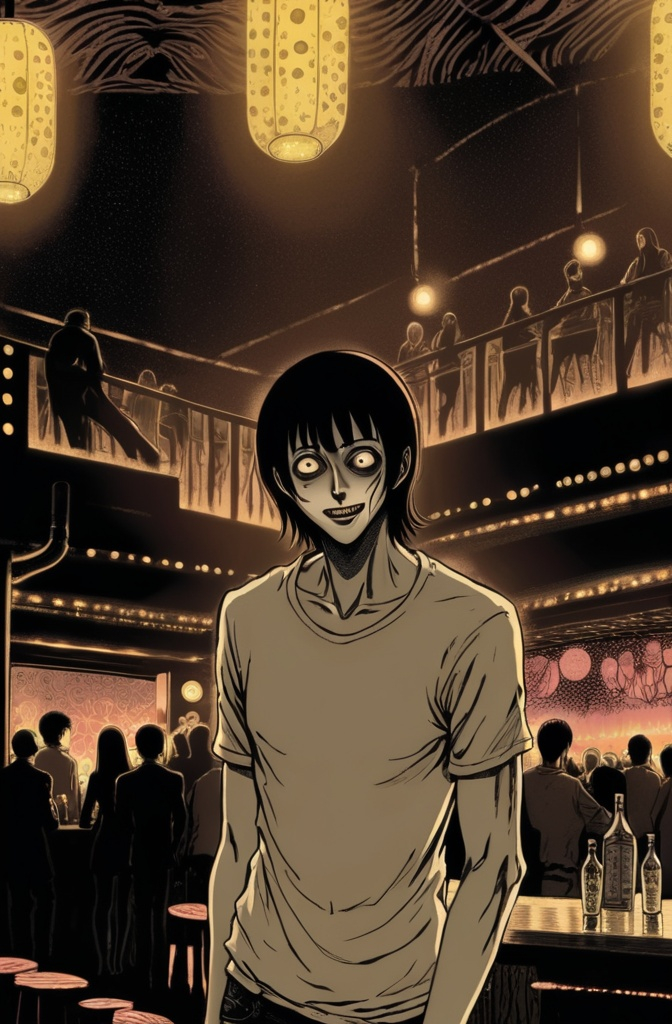 Prompt: Junji Ito manga style, man in nightclub, manga scene