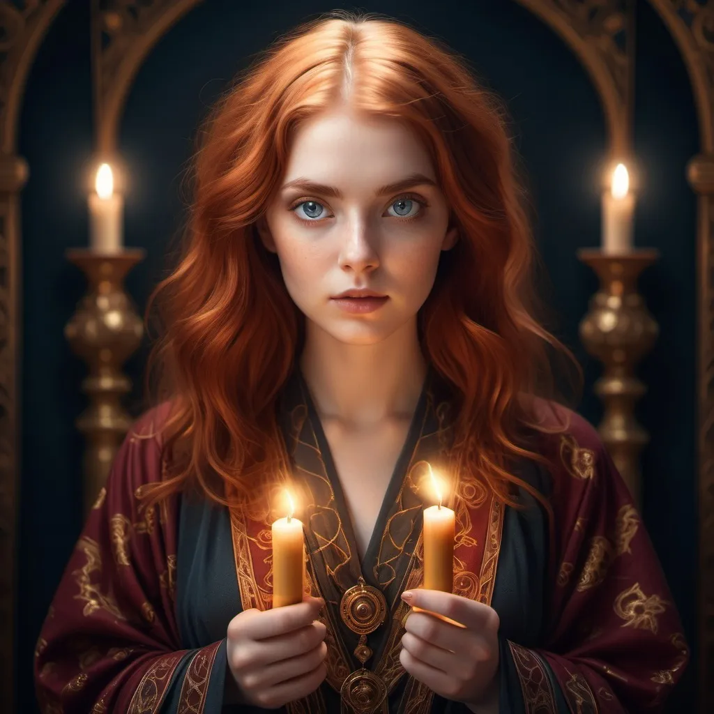 Prompt: tarot card ultra realistic portrait, a crimson-haired young beautiful woman, detailed ornate cloth robe, dramatic lighting. Big, glowing, and attractive eyes. Prefect hands.