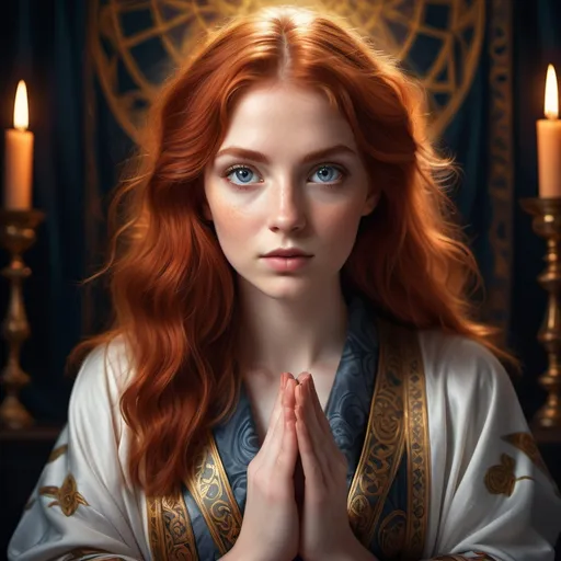 Prompt: tarot card ultra realistic portrait, a crimson-haired young beautiful woman, detailed ornate cloth robe, dramatic lighting. Big, glowing, and attractive eyes. Prefect hands.