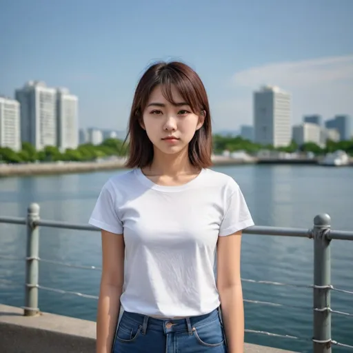 Prompt: photorealism, full shot, 20-year-old Japanese girl, symmetrical face, medium hair, white short-sleeved t-shirt, blue denim jeans, professional lighting, outdoor, standing in front of waterfront, 16K, UHD, HDR, medium format, 38mm, Hasselblad X2D, extreme quality, high resolution, sharp