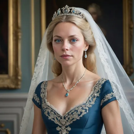 Prompt: Create a portrait of a Swedish duchess, capturing her in a highly detailed and vibrant style. She should have flowing blonde hair, aqua blue eyes, and a light complexion, with a symmetrical and refined facial structure. She wears a dark blue dress, which complements her regal demeanor. The portrait should be taken as if with a 35mm lens at an f/1.8 aperture on a Canon EOS camera, aiming to mimic the authenticity and raw color of a traditional film photo. The image should be rendered in 8K ultra-high-definition, ensuring the highest level of detail, particularly in the skin texture and the fabric of the dress. The overall composition should convey the elegance and stature of a duchess, worthy of award-winning photography.