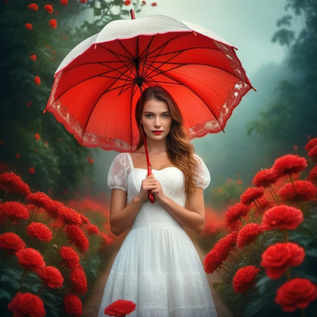 Prompt: Young girl in white dress holding a red umbrella, detailed red flowers, professional digital art, ethereal art, woman in flowers, highly intricate, sharp focus, vivid, HDR, best resolution, extreme quality, cinematic lighting, detailed, professional, white dress, red umbrella, digital art, intricate details, vivid colors, HDR, cinematic lighting
