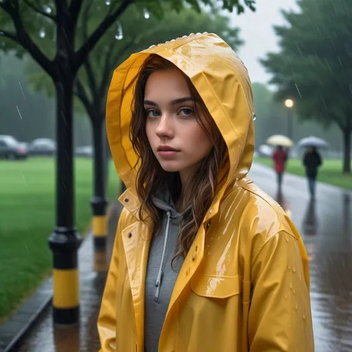 Prompt: photorealism, raw color photo, young model wearing raincoat, walking in the rain, overcast, park setting, 35mm lens, Canon, 8K UHD, HDR, highly detailed, professional, delicate details, highly detailed skin, intricate details, photorealistic, realistic lighting, detailed background, natural colors, rainy day atmosphere, urban park, realistic raindrops, professional photography