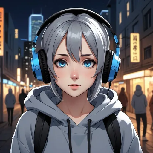 Prompt: Cute anime girl, gray hoodie aesthetic, medium gray hair, expressive anime eyes, blue over the ears headphones, urban scenery, night scene, modern digital art style, rich colors, warm tones, cool and blue tones, anime, urban, night, modern, digital art, expressive eyes, headphones, detailed, atmospheric lighting