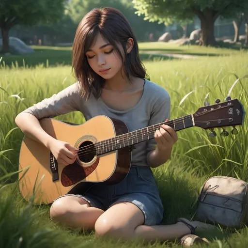 Prompt: Create a digital illustration of a girl playing an acoustic guitar while sitting on lush grass. The scene should be vibrant and alive with detail, set in a park or natural setting that features a rich, professionally detailed background. Techniques like ray tracing should be employed to enhance the realistic lighting and shadows, contributing to a highly rendered visual environment. The artwork should be created using Unreal Engine or Unity 3D to achieve high-quality effects and textures, akin to professional illustrations seen on Artstation. The style should be reminiscent of Takayuki Yoshida’s art, known for its vibrant and precise details. The image should be rendered in 8K ultra-high-definition to capture every nuance, from the delicate strings of the guitar to the texture of the grass and the subtle expressions of the girl.