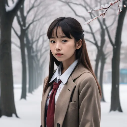 Prompt: Create an ultra-detailed, UHD 8K image inspired by the photographic style of Steve McCurry, using an analog film effect and a Canon 35mm lens aesthetic with an aperture of f/1.8. The scene depicts a young girl with light brown hair, dressed in a Japanese school uniform, which includes a tailored blazer and a pleated skirt. She is walking through a park during winter, surrounded by softly falling snow and bare, frost-covered trees. The atmosphere is serene, capturing the quiet beauty of a cold, tranquil day. The image should convey a sense of peaceful solitude and the crispness of the winter air