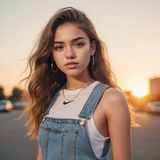 Prompt: Realistic portrait of a junior idol, blue ripped denim jeans, Nike crop-top shirt, golden hour sunset, medium format, Hasselblad, film grain, 8K resolution, UHD, highly detailed, professional, intricate, sunset lighting, realistic style, professional fashion model, medium format camera, detailed facial features, warm and vibrant colors