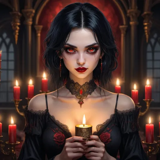 Prompt: Portrait of vampire girl, intricate black hair, symmetrical face, golden eyes, smirk, tattoos, red lipstick, holding a candle, candle light, indoors, fantasy style, anime illustration, HDR, 16K, UHD, digital art, highly intricate, sharp, high resolution, fantasy, detailed eyes, professional lighting