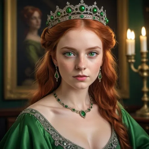 Prompt: Regal young woman, red hair, silver circlet head accessories, beautiful green eyes, royal green ball gown, medium shot, 16k UHD, HDR, realism, masterpiece, award winning, medium format, 38mm lens, Hasselbald X2D 100C, detailed facial features, stunning aesthetics, rich colors, exceptional lighting, regal ambiance, elegant pose, lifelike portrayal