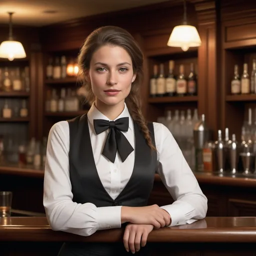 Prompt: Create a hyper-realistic, UHD 8K image that captures the cinematic and stunning vibe of a scene shot by Annie Leibovitz. The subject is a beautiful barmaid dressed in an elegant bartender aesthetic, featuring a stylish vest, crisp white shirt, and a neatly tied bow tie. This full-body shot is taken indoors, perhaps within the sophisticated ambiance of an upscale bar, with rich wood paneling and soft, ambient lighting in the background. The image uses a Hasselblad 35mm lens with an aperture of f/1.8 to focus sharply on the barmaid while softly blurring the background. The colors are vivid and saturated, enhancing the glamorous and cinematic feel of the scene, all rendered on analog film to add a layer of depth and texture.