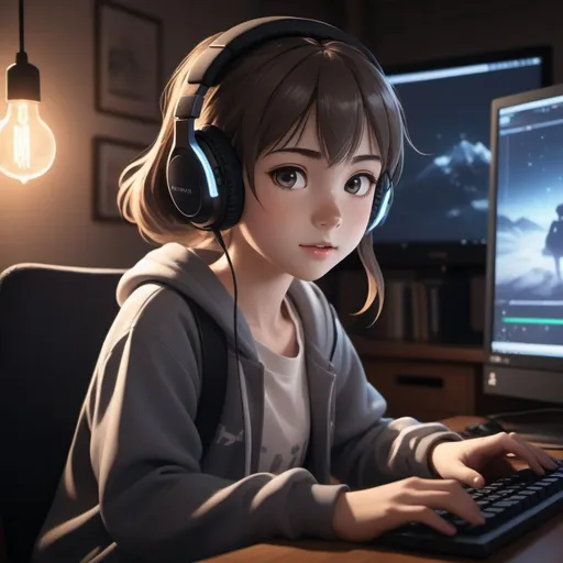 Prompt: Anime illustration of a young girl in school clothes, playing on a desktop computer, black headphones, indoor volumetric lighting, 4k, high resolution, anime style, school aesthetic, detailed gaming setup, focused expression, sparkling eyes, cozy atmosphere, professional artwork, warm and cozy lighting, best quality, highres, ultra-detailed, anime, school aesthetic, volumetric lighting, detailed gaming setup, focused expression, cozy atmosphere