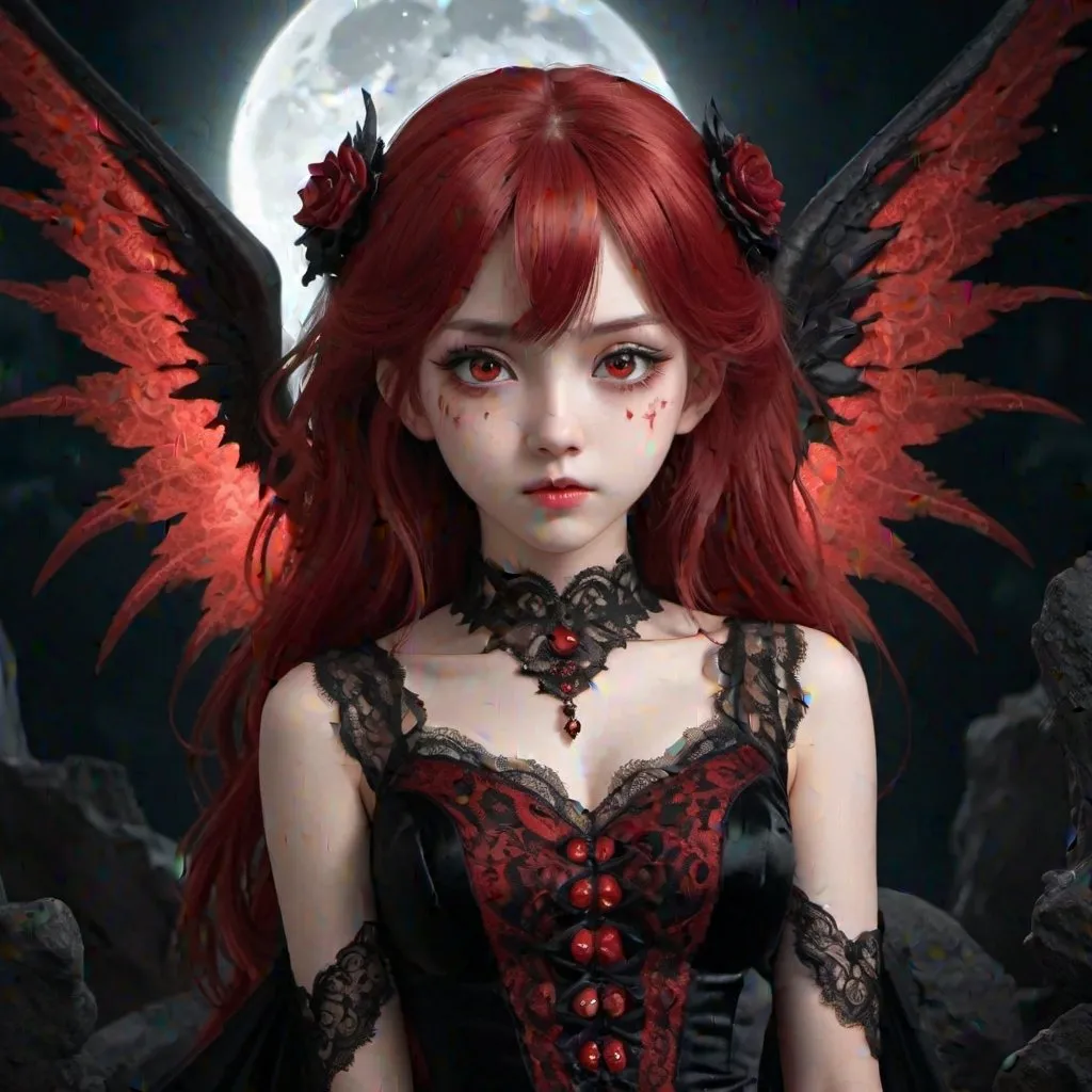 Prompt: Create a hyper-realistic, 8K super-resolution image of a cute young anime girl. She features intricate, flowing red hair and striking, symmetrical bloodshot anime eyes. Her appearance is accentuated with large, devilish wings emerging from her back, adding a mystical aura. She is dressed in a red and black gothic-style dress, detailed with lace and velvet textures, capturing the essence of a dark, enchanting character. The background showcases a full moon, tinted with the color of blood, enhancing the eerie and mysterious nighttime setting. The lighting of the scene is carefully crafted to mimic a night view, with delicate details that highlight the girl's features and the intricate textures of her attire, creating a vivid, captivating image