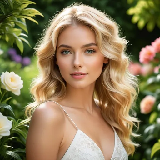 Prompt: Create a digital image of a young model with medium-length wavy blonde hair, posed in a lush garden setting. The photograph should capture a wide-angle view using a virtual 35mm lens at an f/1.8 aperture, simulating the depth and focus typical of professional photography. The image should incorporate HDR (High Dynamic Range) to vividly enhance the colors and details of the garden, from the bright blooms to the textured greens. Render this scene in 8K ultra-high-definition to ensure every aspect is captured with high resolution, adding a touch of film grain to lend an organic, tactile feel to the digital image. The lighting should be natural and soft, enhancing the model’s features and the vibrant garden background, aiming to produce a vivid, professional-quality photograph as if shot by a top photographer.