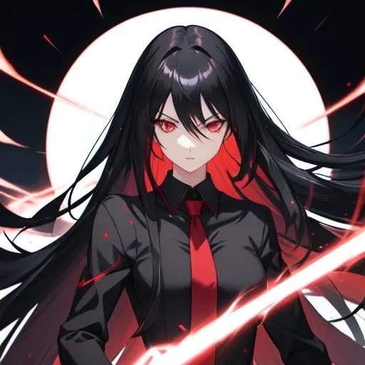 Prompt: Anime illustration of a girl with red eyes, black collared shirt, red neck tie, intricate long black hair, black skirt, intense and focused gaze, sleek design, detailed eyes, anime, cool tones, professional, ultra-detailed, detailed hair, Akame ga Kill!, atmospheric lighting