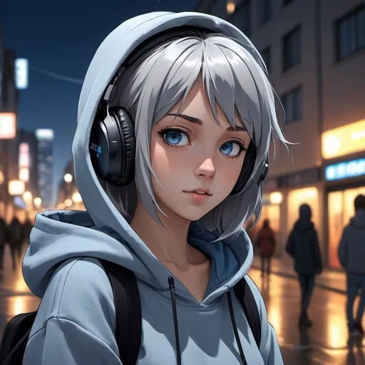 Prompt: Cute anime girl, gray hoodie, medium gray hair, expressive anime eyes, blue over the ears headphones, urban scenery, modern digital art style, night scene, warm tones, cool tones, rich colors, highres, anime, digital art, urban, expressive eyes, headphones, atmospheric lighting