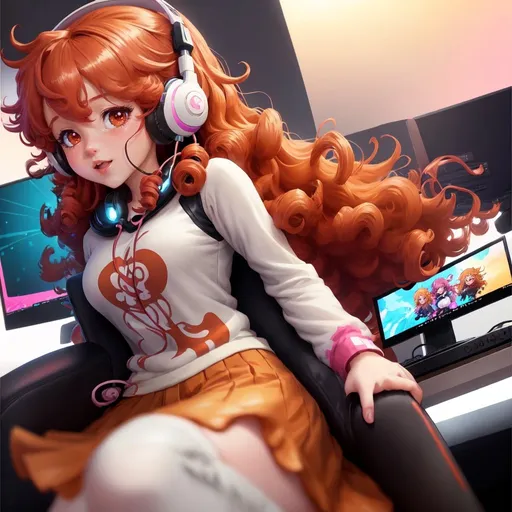 Prompt: Anime illustration of a girl playing video games, mahogany color curly hair, white headset, vibrant and energetic, high quality, anime, cute, colorful, detailed, gaming setup, cheerful lighting