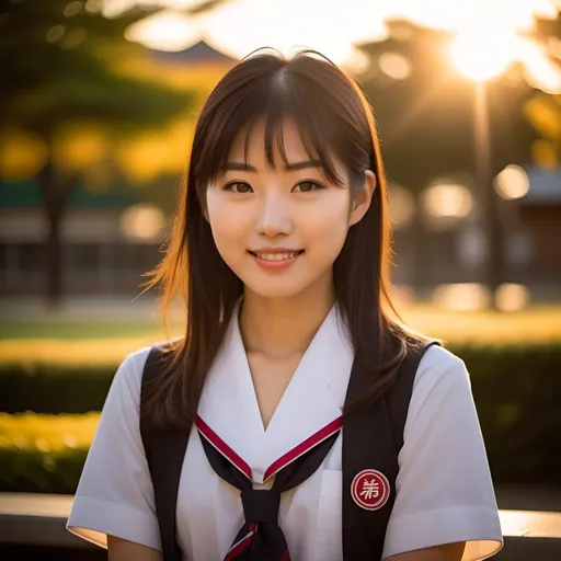 Prompt: Create a digital image of a young Japanese woman in a school uniform during golden hour. The setting is a schoolyard bathed in warm, soft light. She has a relaxed expression, reflecting a moment of tranquility. The photo should emulate the style of an 85mm f/4.0 lens on a Hasselblad camera, capturing the scene in UHD 4K resolution. The image should be shot in RAW format to preserve high detail and dynamic range, showcasing vibrant yet natural colors.