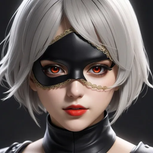 Prompt: Anime-style digital art of 2B from Nier Automata, black blindfold covering one eye, intricate grey hair, intense golden eyes, striking red lips, sleek black combat armor with intricate details, smooth and sharp focus, highly detailed, best quality, masterpiece, vivid, anime character, anime style, digital art, professional