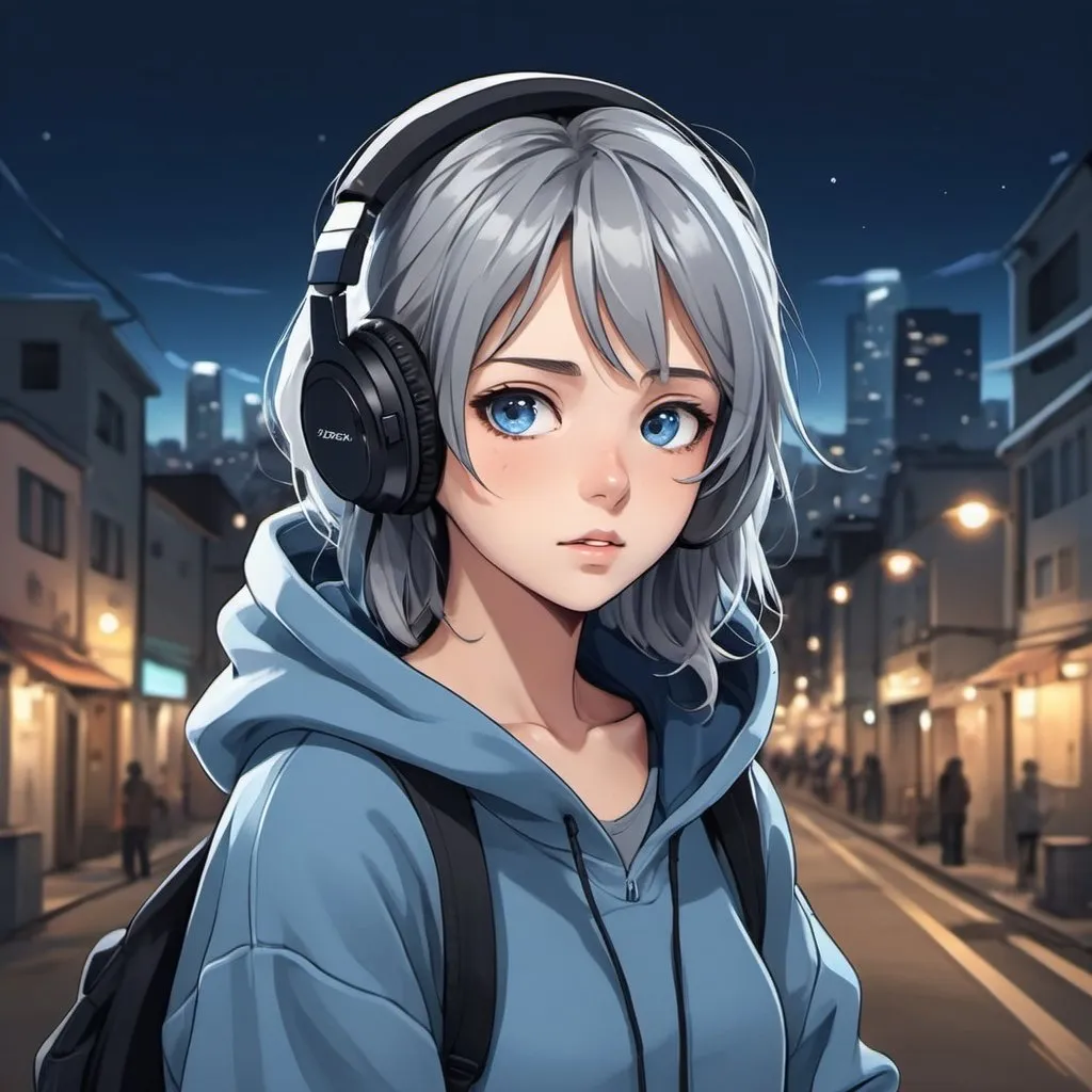 Prompt: Anime illustration of a cute girl, medium gray hair, expressive anime eyes, wearing blue over-the-ear headphones and a gray hoodie, rich colors, urban scenery at night, modern digital art style, warm and cool blue tones, high quality, detailed, anime, modern, urban, night scene, cute design, over-the-ear headphones, medium gray hair, expressive eyes, hoodie aesthetic, rich colors, warm and cool tones, digital art style