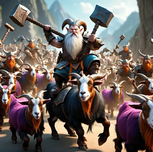 Prompt: Dwarf army riding goats, wielding big hammers, attacking elf army, fantasy 3D rendering, intense battle, epic fantasy, detailed armor, vibrant colors, high definition, fantasy, action-packed, dynamic poses, magical lighting, mythical creatures, high-impact, mythical, 3D rendering, vibrant colors, action-packed, intense battle, magical lighting, high definition