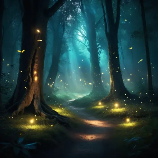Prompt: A mystical clearing in an enchanted forest, illuminated by the glow of fireflies and magical luminescence, ancient trees casting long shadows, creating a secretive and magical atmosphere.