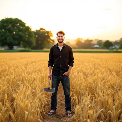 Prompt: Standing confidently in a vast field of golden wheat, a man holds a small sickle in his right hand, an expression of pride and accomplishment lighting up his face. Dressed in a black button-up shirt and faded jeans, with casual flip-flops on his feet, he strikes a relaxed pose, one hand resting casually in his pocket. The scene is bathed in warm golden light as the sun sets, casting a serene glow over the landscape, enhancing the texture of the stubble in the field. The background features lush green trees and distant structures, completing the picturesque rural setting that evokes a sense of hard work and connection with nature.