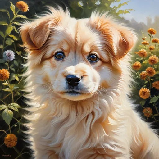 Prompt: Detailed, realistic portrait of a playful puppy, oil painting, expressive eyes, fluffy fur with intricate details, vibrant and warm color palette, natural sunlight streaming through a garden, high quality, oil painting, realistic, detailed eyes, fluffy fur, warm tones, natural lighting